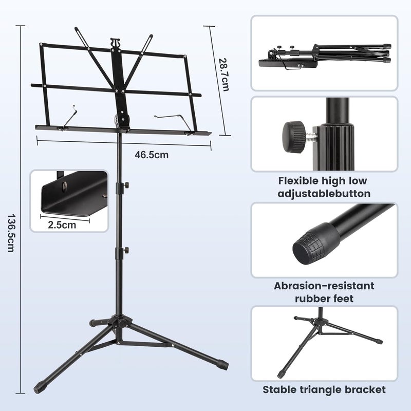 NewBee Music Stand Foldable & Portable Metal Sheet Music Stand with Carrying Bag, Adjustable Podium Stand with Tripod Base and Sheet Music Folder - Black - Image 3